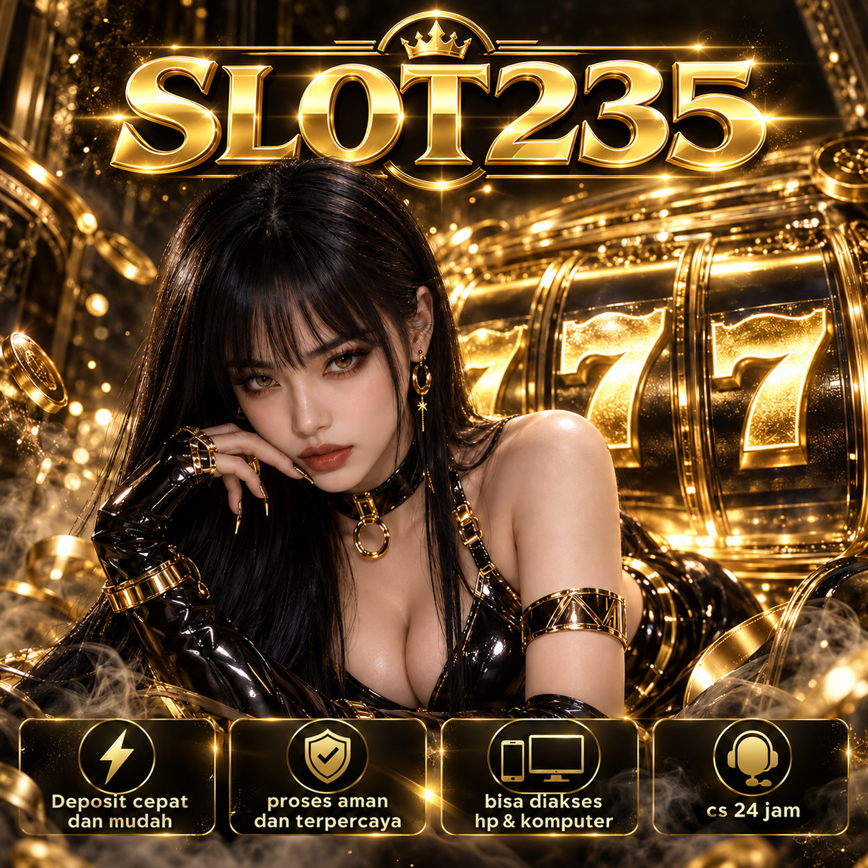 Poster SLOT235 hitam emas bergambar karakter berambut hitam dan mesin permainan bernuansa emas